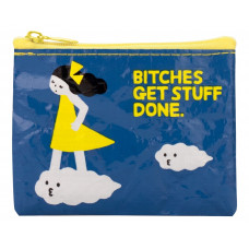 The Coffee Money - Recycled Coin Purse is a blue pouch with a yellow zip, decorated with an illustration of a girl in a yellow dress standing on a cloud and the text “BITCHES GET STUFF DONE.” There is also a smaller cloud with a face nearby. Gate21.ee