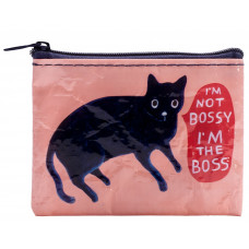 Certainly! Here is the rewritten sentence using your product data: The Shoe Fits - Recycled Coin Purse is a small zippered pouch that showcases an illustration of a black cat beside a red speech bubble with the playful phrase, “I’m not bossy, I’m the boss.” Set against a pink background, this BlueQ coin bag combines style and eco-friendliness thanks to its recycled materials. Gate21.ee