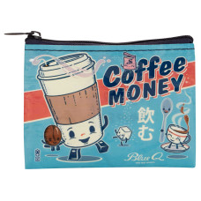 Introducing the Coffee Money - Recycled Coin Purse: a blue zipped pouch featuring playful cartoon illustrations of a smiling coffee cup, sugar cube, coffee bean, and spoon. The bold text “Coffee Money” appears alongside Japanese characters and the Blue Q brand name. Made from Blue Q recycled coin bags, this purse is both eco-friendly and fun. Gate21.ee