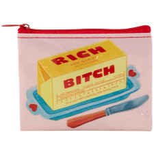 A small zippered pouch from the BlueQ recycled coin bags collection, called the Shoe Fits - Recycled Coin Purse, features an illustration of a butter stick labelled “RICH BITCH” on a butter dish beside a butter knife. The pouch has a red zip and a light pink background. Gate21.ee