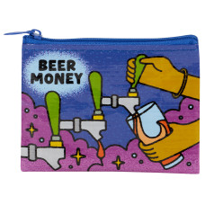 The Beer Money - Recycled Coin Purse features a whimsical illustration of hands pouring beer from taps into a glass against a star-studded purple background, with “BEER MONEY” boldly displayed above. This fun and eco-conscious accessory is part of BlueQ’s range of recycled coin bags, blending quirky design with sustainability. Gate21.ee