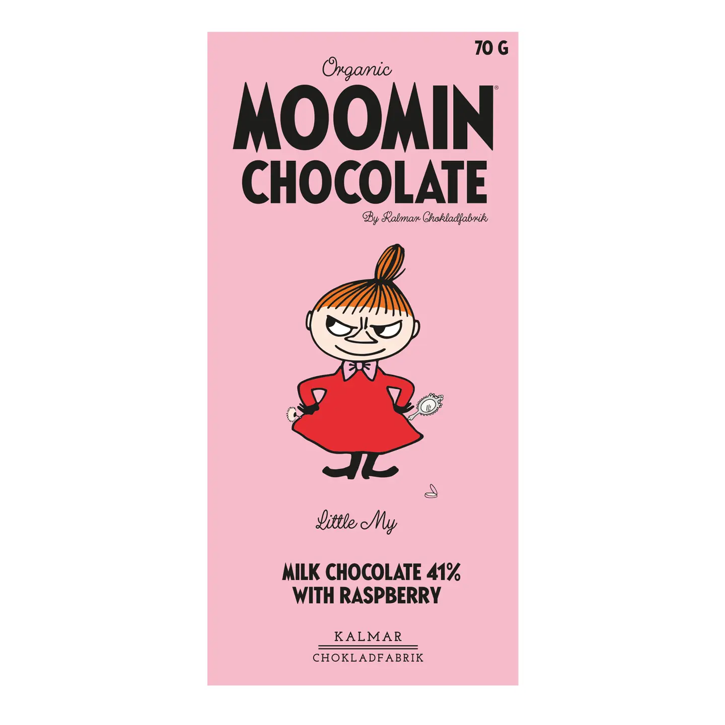 Adorned in a pink wrapper, the Organic Moomin Chocolate Little My – Milk Chocolate 41% with Raspberries displays the Moomin character Little My next to bold “MOOMIN CHOCOLATE” text. This delightful chocolate bar weighs 70g and is produced by Kalmar Chokladfabrik. Gate21.ee
