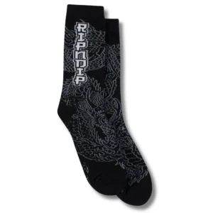 Introducing the Haku Socks - Black: a pair of black crew socks featuring a bold grey dragon design and “RIPNDIP” in striking white letters running vertically down the side. Overlapping and laid flat on a white background, these socks are the perfect complement to your favourite RIPNDIP T-shirt. Gate21.ee