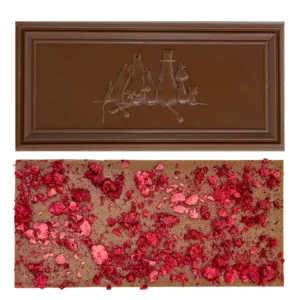 An Organic Moomin Chocolate Little My bar – Milk Chocolate 41% with Raspberries – is displayed. One side showcases an embossed illustration of three animals, whilst the other side is sprinkled with crushed freeze-dried raspberries. The background is plain white. Gate21.ee