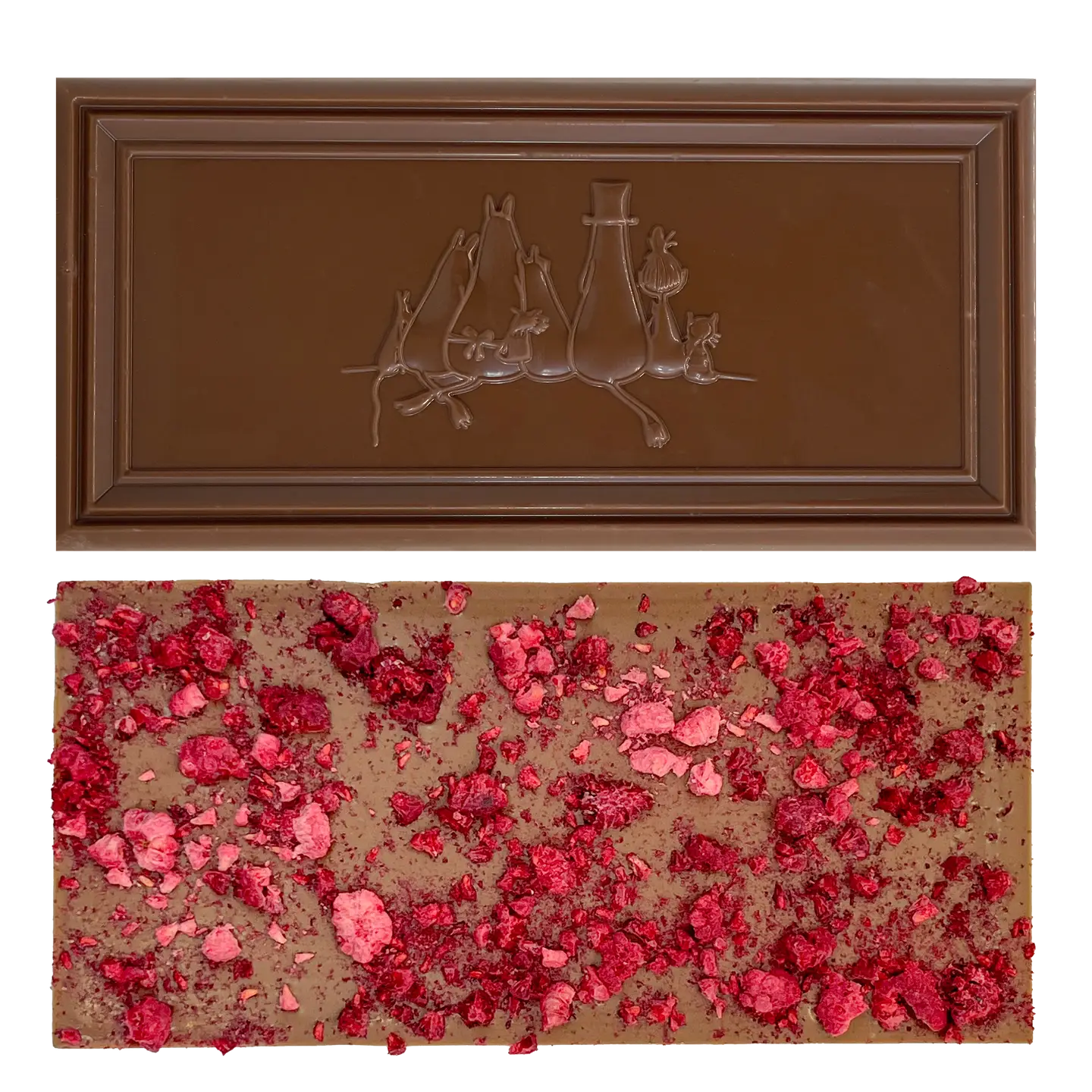 An Organic Moomin Chocolate Little My bar – Milk Chocolate 41% with Raspberries – is displayed. One side showcases an embossed illustration of three animals, whilst the other side is sprinkled with crushed freeze-dried raspberries. The background is plain white. Gate21.ee