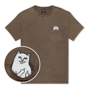 The Lord Nermal Pocket Tee - Brown wash is a short-sleeve T-shirt featuring a chest pocket with a cartoon white cat. When you pull down the pocket, the Lord Nermal cat is revealed holding up both middle fingers. Gate21.ee