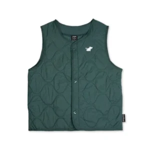 The Moomin Classics Gilet Unisex - Green is a dark green quilted gilet featuring press studs down the front, a small white animal logo on the left chest reminiscent of those seen on Moomin T-shirts, and a black brand tag on the lower right side. The gilet is displayed against a plain white background. Gate21.ee