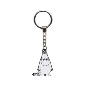 A metal keyring with a chain holds a flat, white cartoon figure of Moomintroll—a beloved character featured on the Moomin Keyring - Moomintroll—standing upright and facing forwards, holding a small object in its left hand. The background is plain white. Gate21.ee