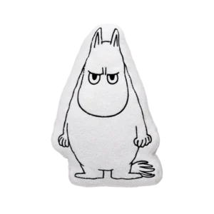 The Moomintroll Temper Cushion, a plush toy shaped like a white cartoon creature with small ears, a round nose, and an angry facial expression, stands upright against a plain white background—perfect for fans of Moomin keyrings and collectables. Gate21.ee