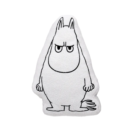 The Moomintroll Temper Cushion, a plush toy shaped like a white cartoon creature with small ears, a round nose, and an angry facial expression, stands upright against a plain white background—perfect for fans of Moomin keyrings and collectables. Gate21.ee