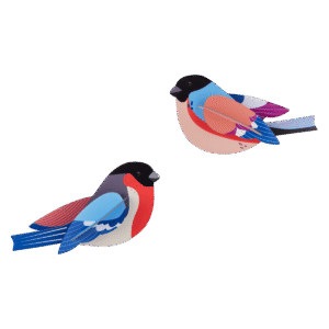 Against a crisp white backdrop in classic StudioROOF style, two finches are depicted facing right. One displays a vivid red chest with blue wings, while the other features shades of pink, blue, and purple. Both birds have black heads and gradient tails. Gate21.ee