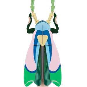 A flat illustration of the Sakura Beetle, featuring stylised geometric wings and antennae in symmetrical shapes of blue, green, pink, brown, and yellow—echoing StudioROOF’s signature aesthetic—set against a plain white background. Gate21.ee
