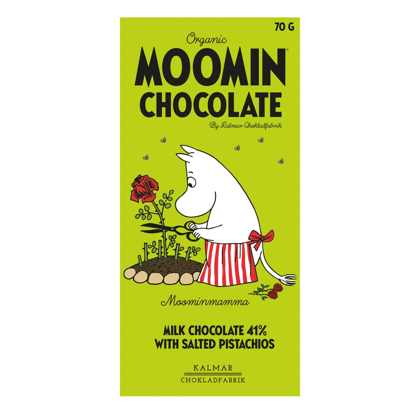 A green wrapper labelled “Organic Moomin Chocolate Moominmamma” features an illustration of Moominmamma watering a flower. The text reads: Milk Chocolate 41% with Pistachio and Salt. This 70-gramme bar is made by Kalmar Chokladfabrik. Gate21.ee