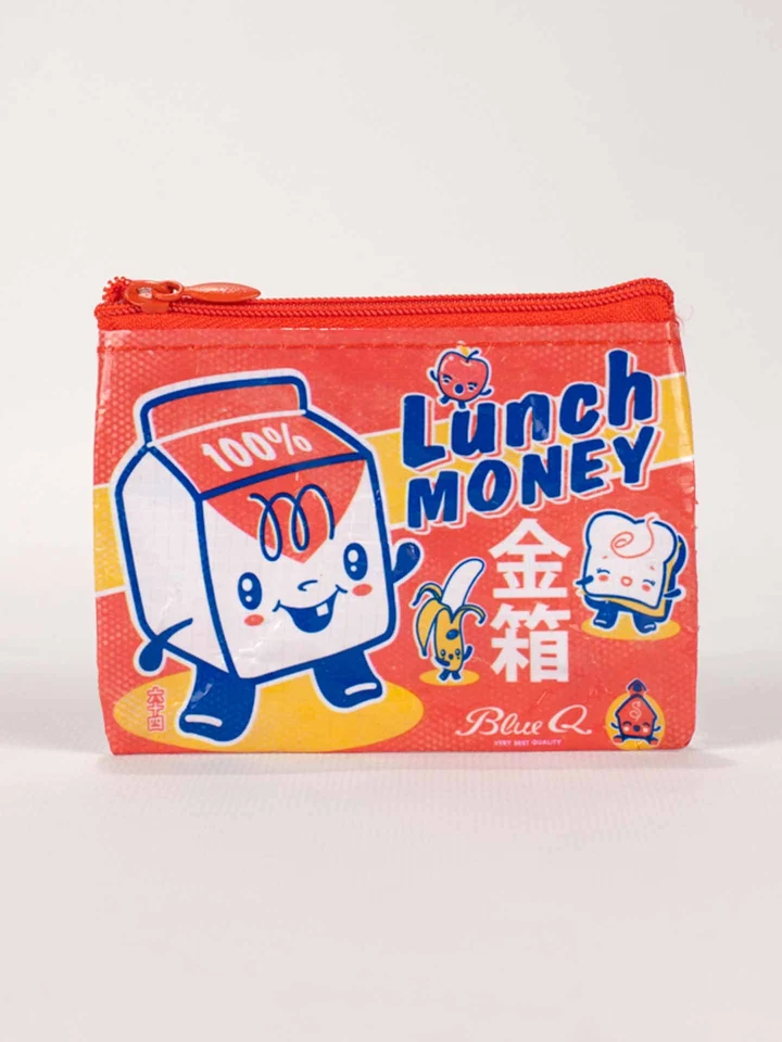 The Lunch Money - Recycled Coin Purse is a vibrant red accessory from BlueQ’s recycled coin bags collection, featuring playful cartoon graphics of a smiling milk carton, banana, and toast, along with the phrases “Lunch Money” and “100%.” The design is accented with Japanese writing and finished with a bright red zip. Gate21.ee