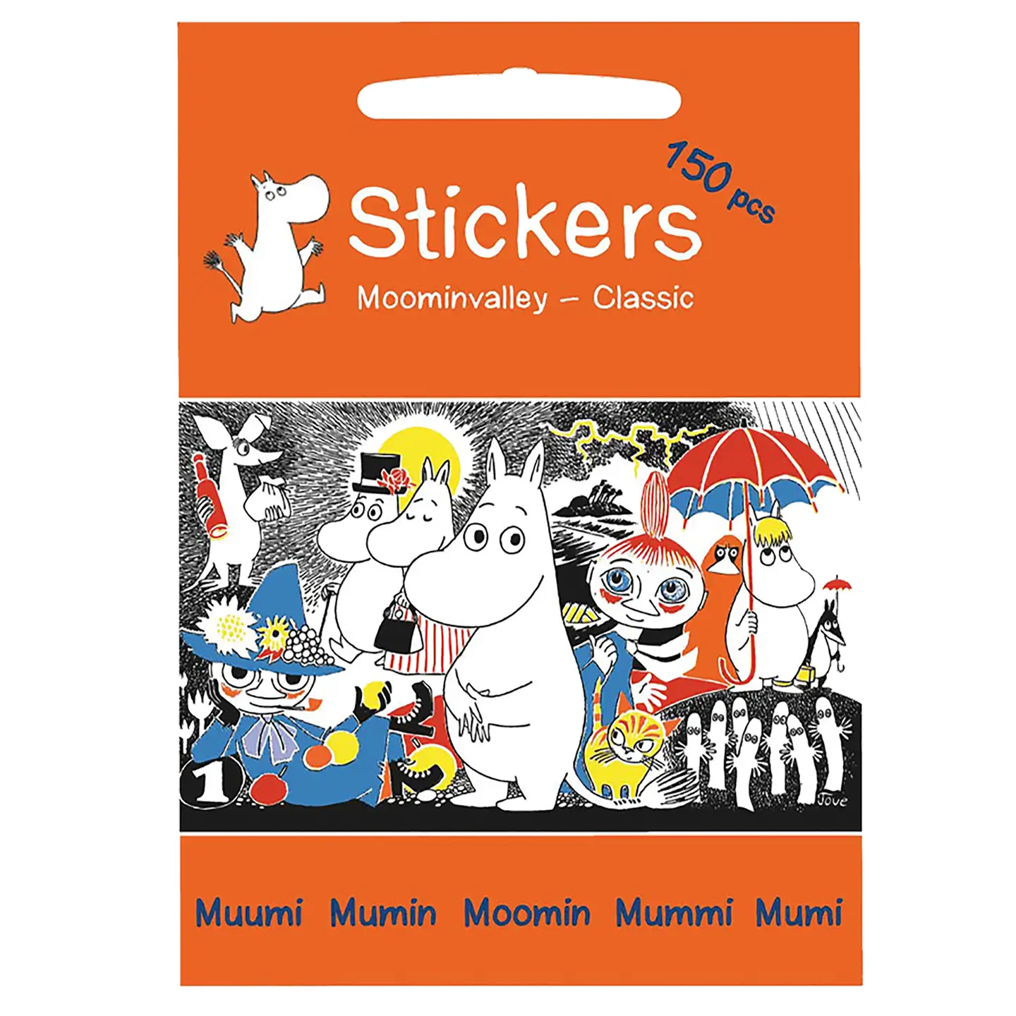A vibrant orange sticker pack titled “Moomin - Stickers - Moominvalley,” showcasing classic Moomin characters in colourful attire against a black-and-white backdrop. The packaging notes 150 pieces and includes various spellings of “Moomin” at the bottom. Gate21.ee