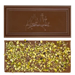 The Organic Moomin Chocolate Moominmamma – Milk Chocolate 41% with Pistachio and Salt is displayed against a white background, featuring an embossed design of animals wearing hats on one side and a topping of chopped pistachios on the other. Gate21.ee
