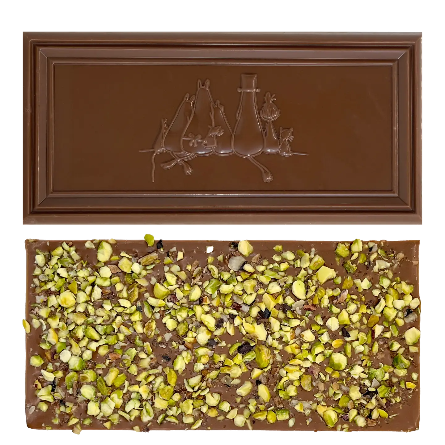 The Organic Moomin Chocolate Moominmamma – Milk Chocolate 41% with Pistachio and Salt is displayed against a white background, featuring an embossed design of animals wearing hats on one side and a topping of chopped pistachios on the other. Gate21.ee