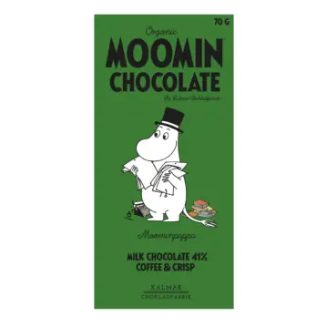 An Organic Moomin Chocolate Moominpappa bar wrapper in green, displaying the product name along with an illustration of the Moominpappa character in a hat holding papers, and labelled as milk chocolate 41% with coffee and crunchy caramel. Gate21.ee
