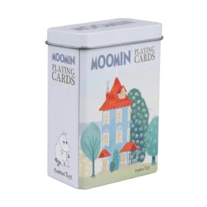 A rectangular tin called “Moomin - Playing Cards & Tin - House” features colourful artwork of a house and trees, complete with charming Moomin character illustrations and a set of Moomin playing cards. The tin is produced by Barbo Toys. Gate21.ee