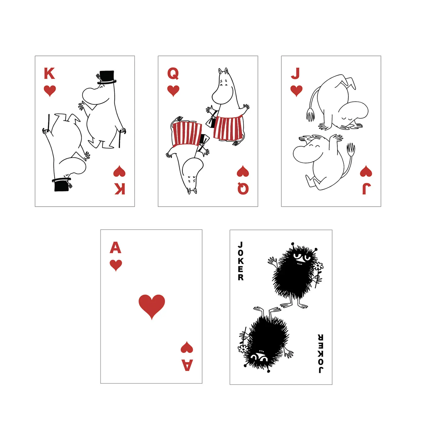Five playing cards from the Moomin - Playing Cards & Tin - House set showcase beloved Moomin characters: the king and jack with hats, the queen in a striped skirt, the ace of hearts, and a whimsical joker distinguished by a fuzzy, spiky look. Gate21.ee