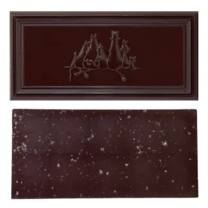 Two dark chocolate bars are shown: the top bar, Organic Moomin Chocolate Stinky – Dark Chocolate 70% with Sea Salt, inspired by Moomin chocolate, features an embossed design of three mice and bottles, whilst the bottom bar has a plain surface with small white specks scattered throughout. Gate21.ee