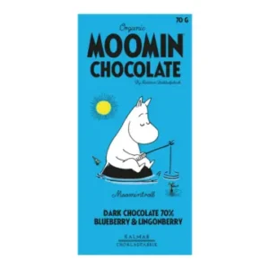 A blue wrapper for Organic Moomin Chocolate Moomintroll – Dark Chocolate 70% with Lingonberries and Blueberries, featuring a whimsical illustration of a white Moomin character fishing beneath a yellow sun. The 70g bar is labelled as organic dark chocolate with 70% cocoa content, lingonberry, and blueberry. Gate21.ee