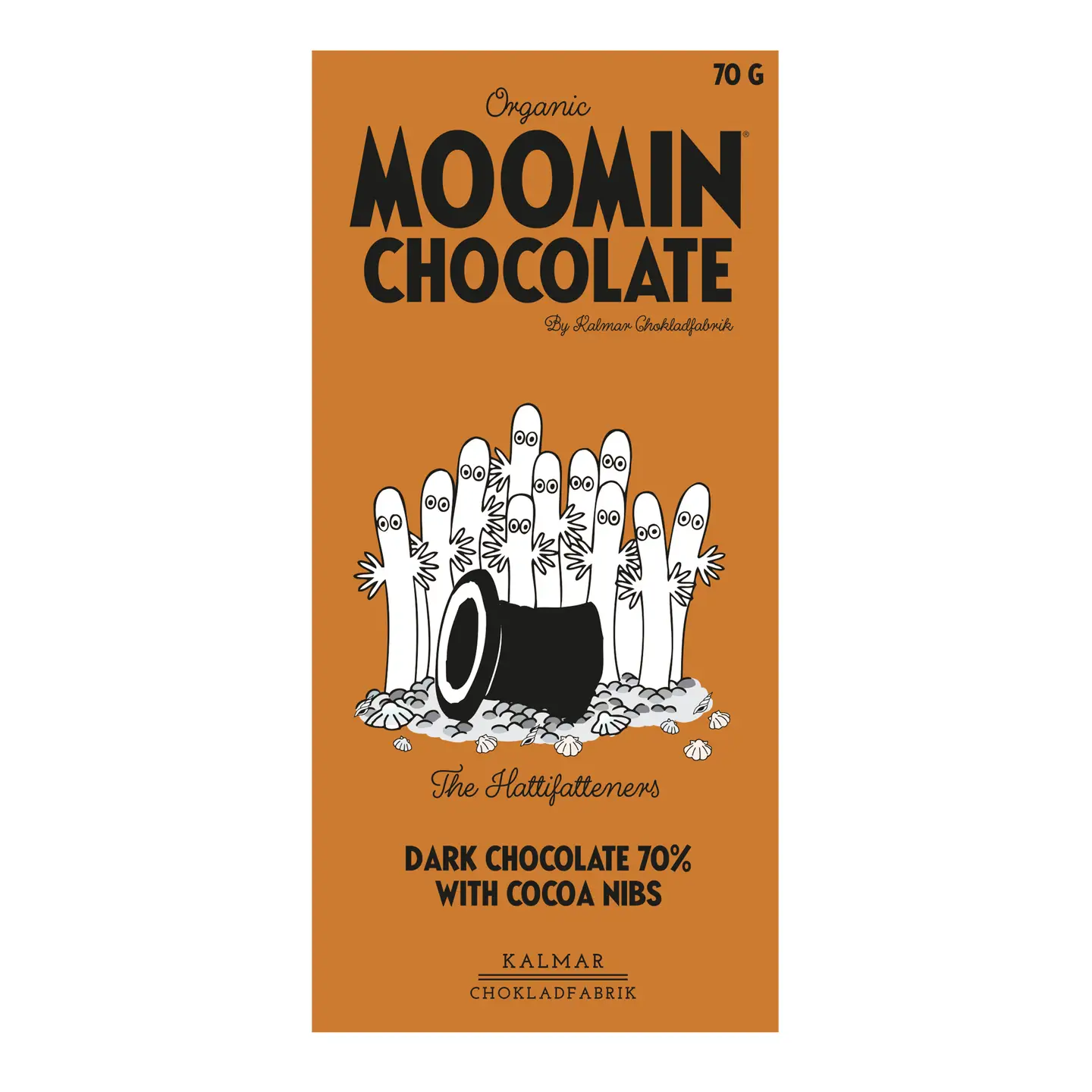 A wrapper for Organic Moomin Chocolate the Hattifatteners – Dark Chocolate 70% with Cocoa Nibs shows illustrated white characters, the Hattifatteners, gathered round a log. The packaging highlights that it is organic dark chocolate with 70% cocoa and cocoa nibs, and contains 70 grammes. Gate21.ee