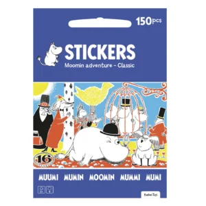 A pack of Moomin - 150 Stickers - Moomin Adventure features classic Moomin characters in black, white, orange, and yellow on the packaging, with the Moomin logo and various characters displayed on the front. Gate21.ee