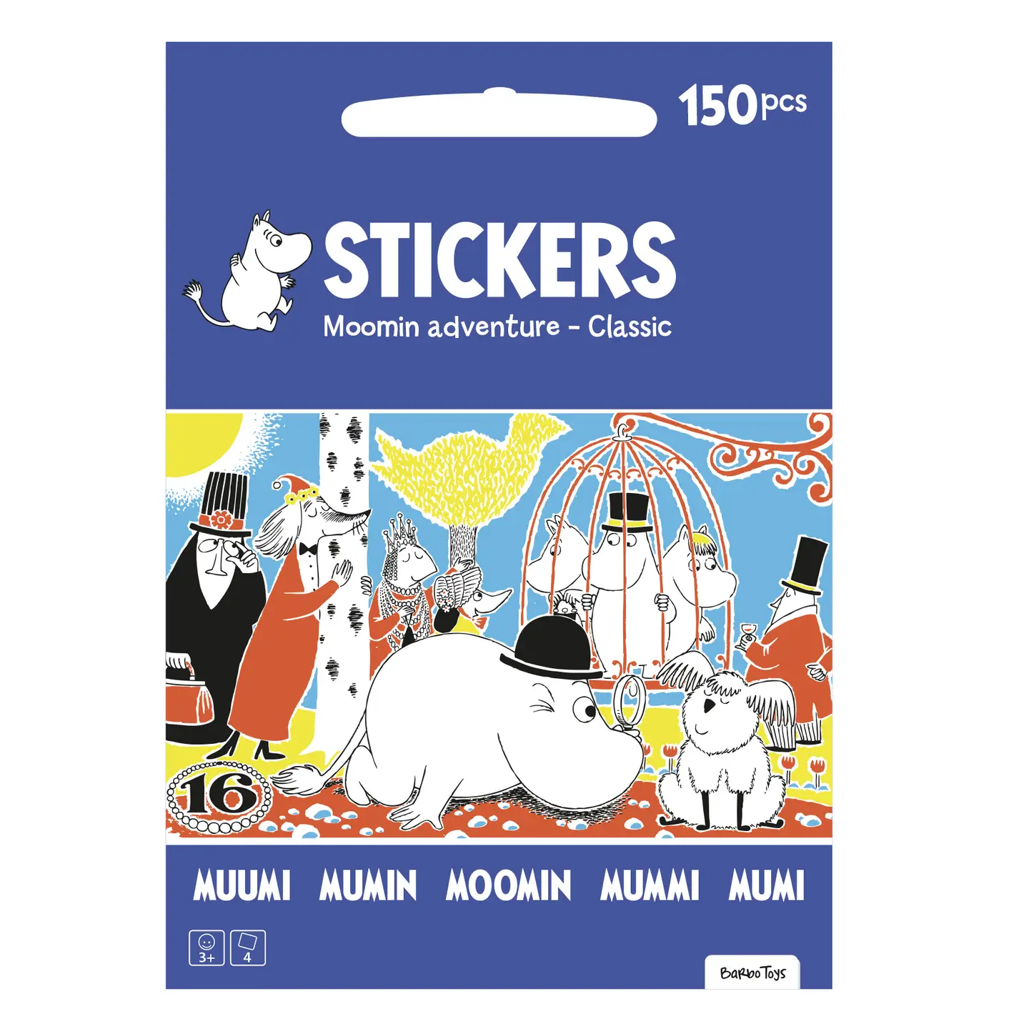 A pack of Moomin - 150 Stickers - Moomin Adventure features classic Moomin characters in black, white, orange, and yellow on the packaging, with the Moomin logo and various characters displayed on the front. Gate21.ee