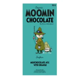 A turquoise wrapper labelled “Organic Moomin Chocolate Snufkin – Milk Chocolate 41% with Orange Flavour” features an illustration of a green-clad character fishing by a small pond and contains 70 grams of chocolate. Gate21.ee