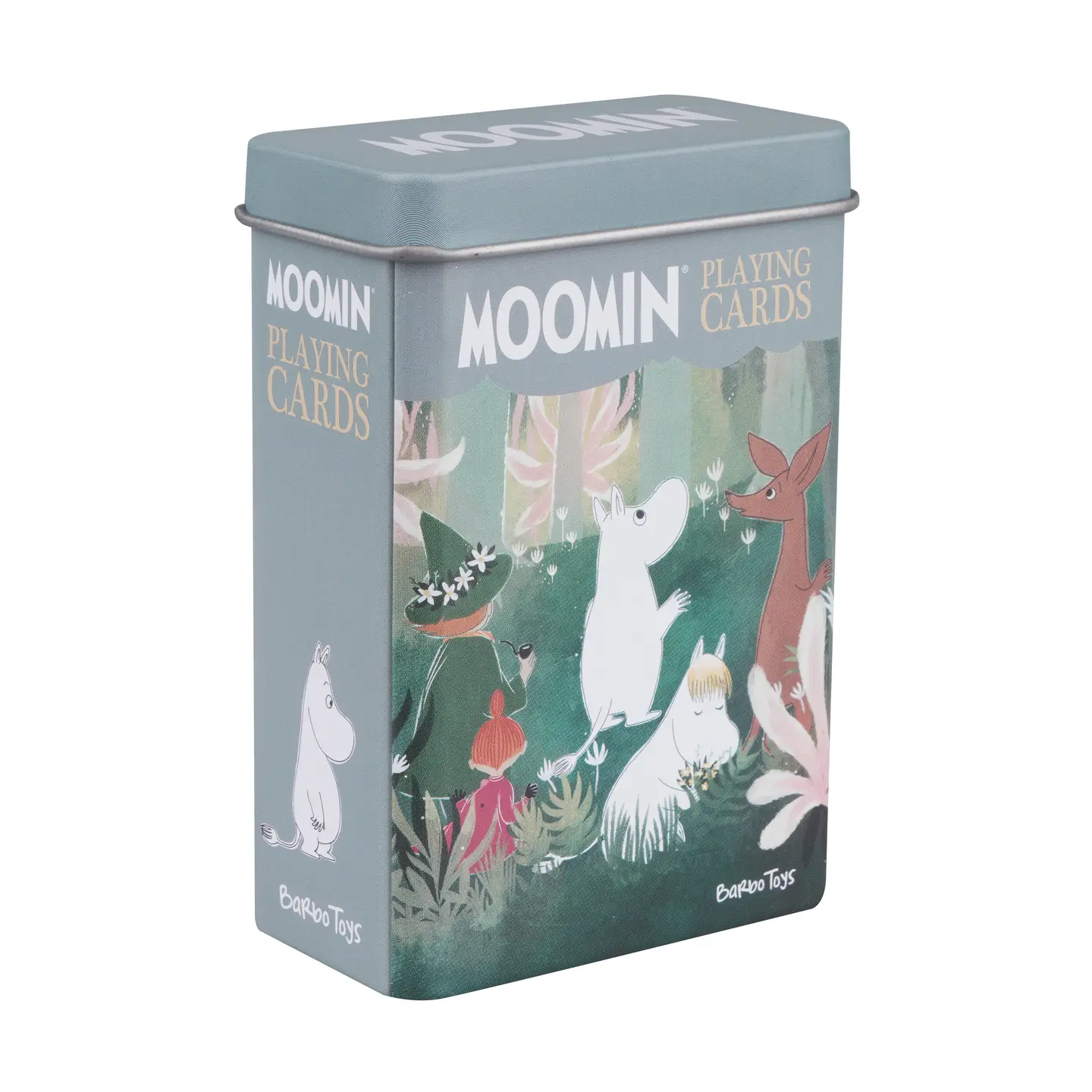 The Moomin - Playing Cards & Tin - Forest is a rectangular tin box featuring illustrated Moomin characters in a whimsical forest scene on the front. This charming, light greyish-blue tin from Barbo Toys is perfect for storing your Moomin playing cards. Gate21.ee