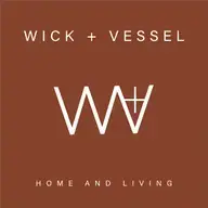 Square brown logo with WICK + VESSEL at the top, a stylised WV with a vertical line, and HOME AND LIVING at the bottom in white capital letters. Gate21.ee