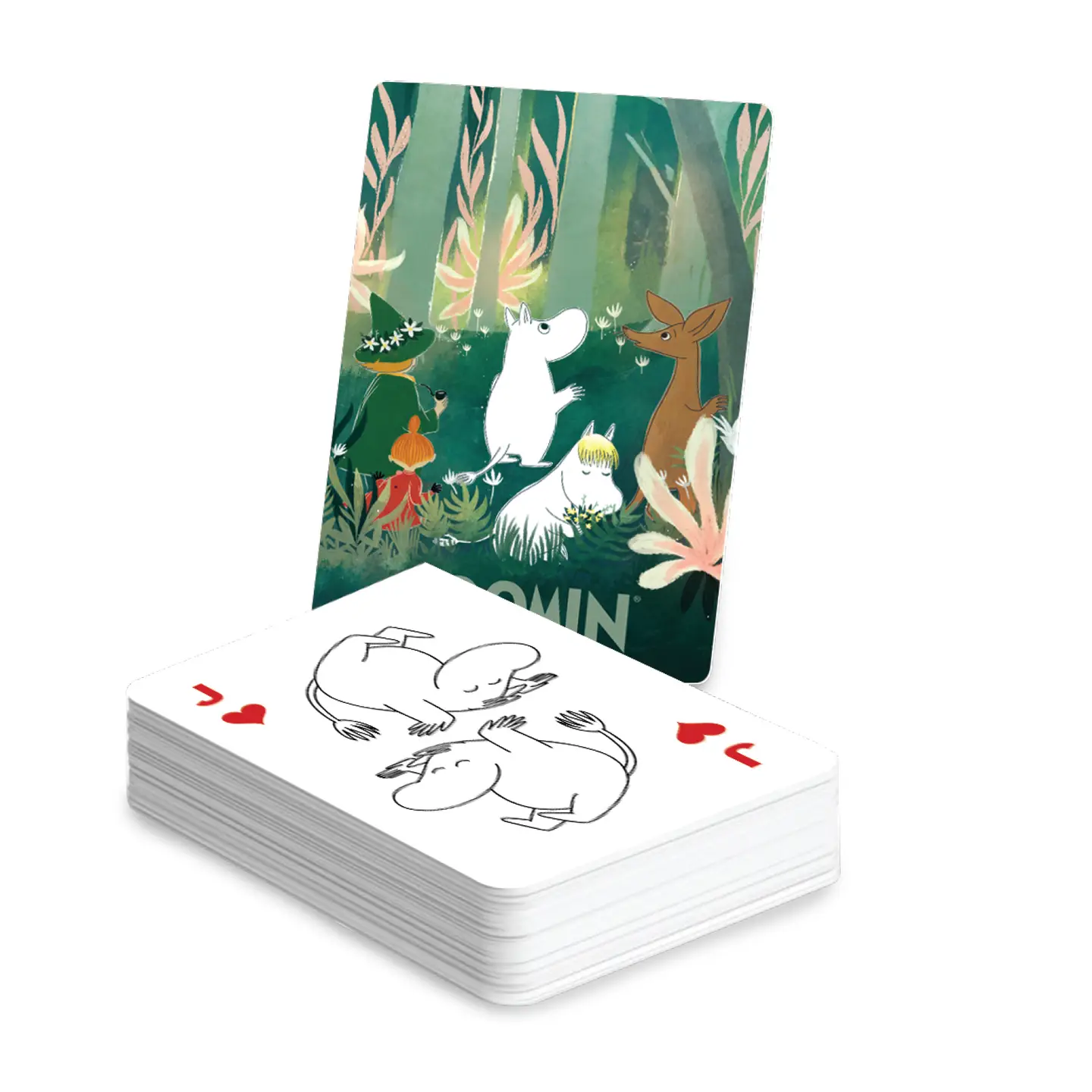 Discover the Moomin - Playing Cards & Tin - Forest, a delightful deck featuring playful Moomin-themed illustrations with whimsical animal designs on both the backs and face cards, including a vibrant card of cartoon animals frolicking in a forest. Gate21.ee