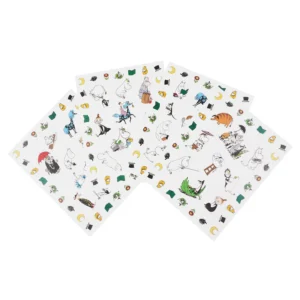 Three sheets from the “Moomin - 150 Stickers - Moomin Adventure” set are spread out, each filled with small, colourful cartoon illustrations of animals, people, hats, food, and other whimsical objects—including delightful Moomin stickers—scattered across the surface. Gate21.ee