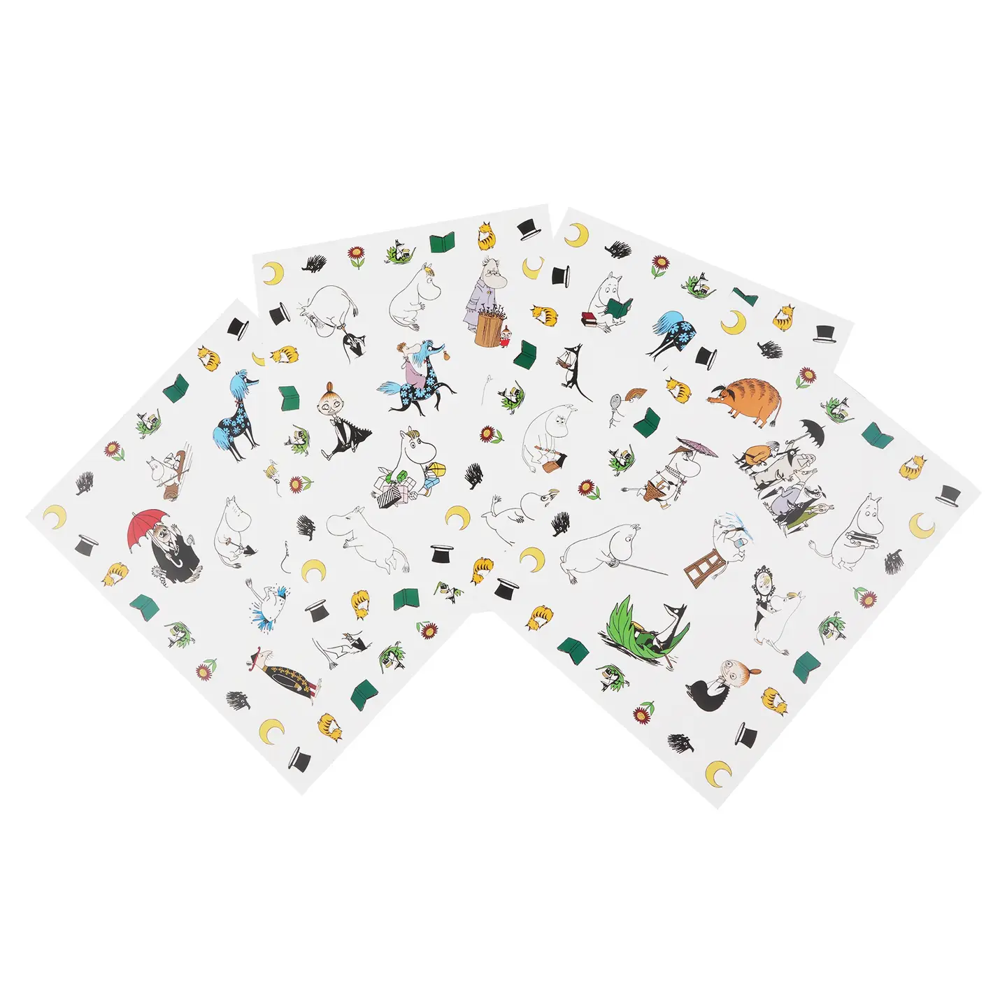Three sheets from the Moomin - Stickers - Moominvalley set overlap, each adorned with colourful cartoon Moomin characters and small scattered icons like hats, leaves, and moons across the surface. Gate21.ee
