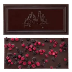 A rectangular chocolate bar, the Organic Moomin Chocolate Moomintroll – Dark Chocolate 70% with Lingonberries and Blueberries, is displayed. One side features a design of four cats inspired by the playful charm of Moomin characters, whilst the other side is generously topped with whole dried lingonberries and blueberries scattered unevenly across its dark chocolate surface. Gate21.ee