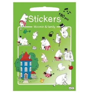A sticker sheet titled “Moomin - 150 Stickers - Moomin Family,” featuring delightful Moomin family characters in various poses, along with designs such as a blue house, red flowerpot, cherry, and watering can, all set against a green background with “Stickers Moomin & family” text and whimsical musical notes. Gate21.ee