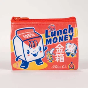 The Lunch Money - Recycled Coin Purse is a vibrant red accessory from BlueQ’s recycled coin bags collection, featuring playful cartoon graphics of a smiling milk carton, banana, and toast, along with the phrases “Lunch Money” and “100%.” The design is accented with Japanese writing and finished with a bright red zip. Gate21.ee