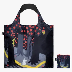 The MOOMIN Forest - LOQI is a reusable tote bag featuring a cartoon white MOOMIN creature strolling through a dark forest filled with red-spotted trees, a yellow path, and small yellow creatures. A matching pouch with the same enchanting design is included beside the bag. Gate21.ee