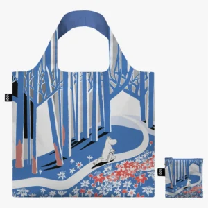 Introducing the MOOMIN Blue Forest - LOQI reusable shopping bag, showcasing the beloved Moomin character strolling along a path surrounded by red and white flowers amidst a whimsical blue and white forest pattern. The matching pouch is displayed beside the neatly folded bag. Gate21.ee