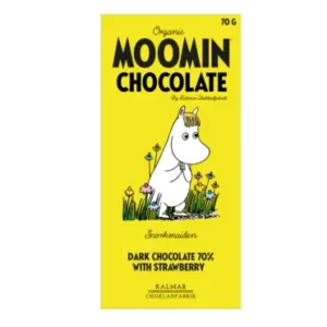 A yellow wrapper for Organic Moomin Chocolate Snorkmaiden features a white cartoon character standing in grass. The label reads “Dark Chocolate 70% with Strawberry,” and highlights that the product is organic. Gate21.ee