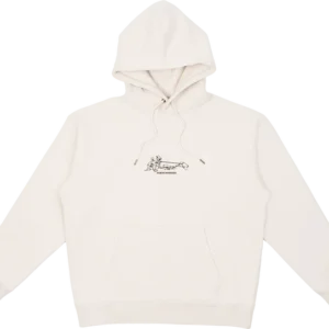 The Moomin Novels Hoodie - Beige is a cosy hooded sweatshirt featuring a front pocket and adjustable drawstrings. It showcases a small minimalist Moomin line drawing graphic accompanied by text on the chest area. The hoodie is displayed laid flat against a white background. Gate21.ee