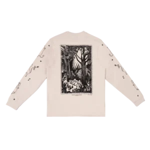 Moomin Novels Heavy Long Sleeve - Beige is laid flat on a white background. This beige long-sleeve shirt features a black forest illustration with a group of animals on the back, inspired by classic Moomin T-shirts. Both sleeves are decorated with black line designs, including stars and abstract shapes. Gate21.ee