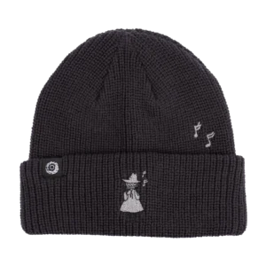 The Moomin Beanie - Grey is a cosy knitted beanie in a sleek grey colour, featuring a small embroidered figure of a character in a hat and cloak with musical notes stitched above. A small circular patch decorates the folded brim to the left of the embroidery—ideal for fans who appreciate whimsical accessories like Moomin keyrings. Gate21.ee