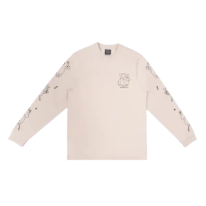 A Moomin Novels Heavy Long Sleeve shirt in beige, featuring black line art illustrations inspired by Moomin T-shirts on the chest and along both sleeves, displayed flat on a white background. Gate21.ee