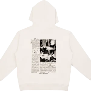 A beige Moomin Novels Hoodie lies flat, showcasing a large black graphic on the back. The design features mixed images and text blocks arranged in columns, resembling a page from a vintage book or comic. Gate21.ee