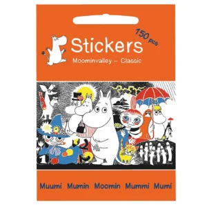 A vibrant orange sticker pack titled “Moomin - Stickers - Moominvalley,” showcasing classic Moomin characters in colourful attire against a black-and-white backdrop. The packaging notes 150 pieces and includes various spellings of “Moomin” at the bottom. Gate21.ee