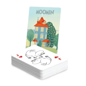 A stack of Moomin - Playing Cards & Tin - House is shown. The top card is the two of hearts, displaying two cartoon hippo-like Moomin characters. Behind the stack, a card featuring an illustration of a house and the word “MOOMIN” at the top can be seen. Gate21.ee