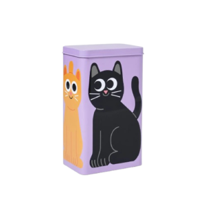 The Kitchen Storage / Coffee Tin - Cats is a rectangular lavender tin, perfect for wrapping coffee tins, and features charming illustrations of a ginger cat and a black cat sitting side by side with large eyes and simple, cartoon-style features. Gate21.ee