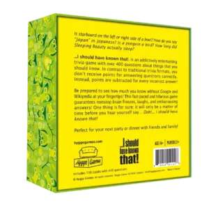 Back of the I should have known that! - Hygge games box featuring a yellow panel with a description of the game for the family, a barcode, and age and player count information. Gate21.ee